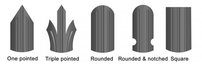 Cinq types de section de W et de D pâlit, aigu dirigé et triple une et évasée, arrondie, arrondie et entaillée, place.